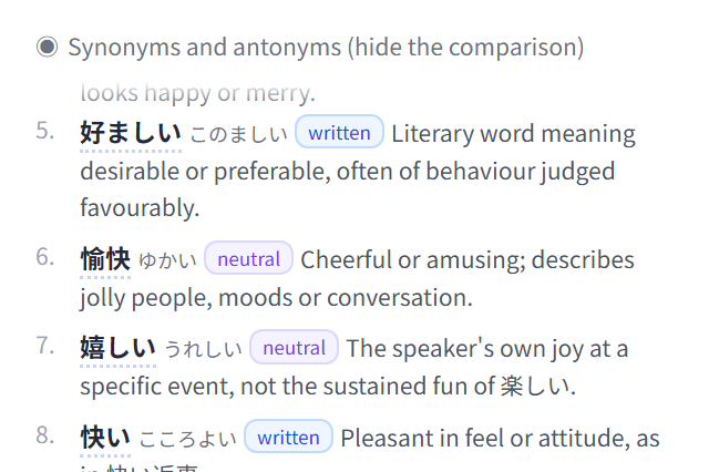 Screenshot of a card distinguishing synonyms and antonyms