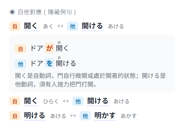 自他動詞成對呈現的查詞介面截圖